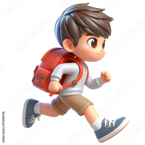 Schoolboy running with a backpack, transparent background