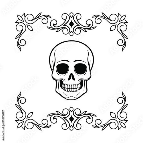Gothic Skull and Bone Line Art with Ornamental Details