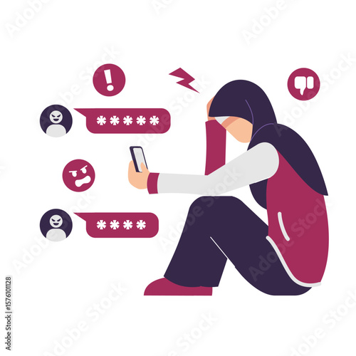 Cyber bullying. Depressed hijab woman sitting on the floor. Opinion and the pressure of society. Shame. Vector flat