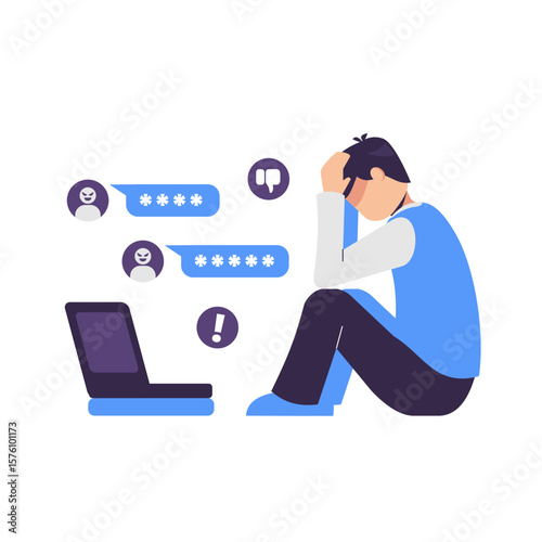 Cyber bullying. man sitting on the floor. Opinion and the pressure of society.. Vector flat