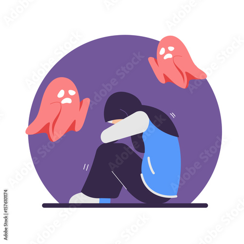 Psychology, panic attack, phobia, frustration, inner fears concept. hijab woman sitting and feeling bad with ghosts, fears. Mental health and illnesses.
