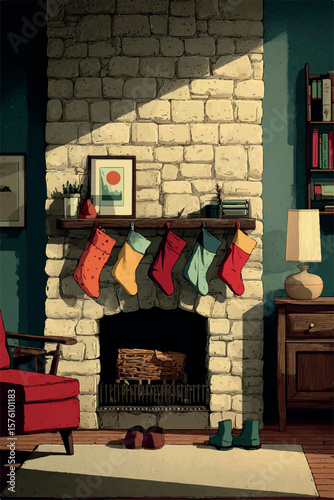 Christmas Fireplace With Stockings vector image