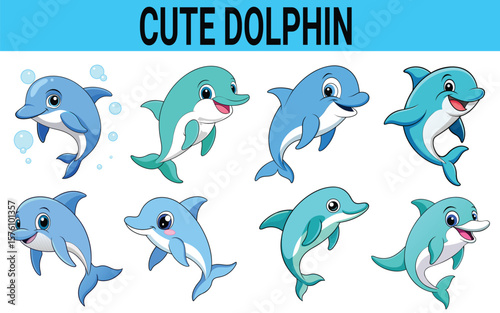 Collection of eight adorable cartoon dolphins in various playful poses