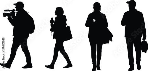 Silhouette of four diverse individuals walking in a row with camera, bag, and briefcase

