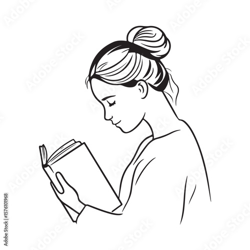 Woman Reading Book silhouette, Female Reading Book Vector illustration, A young woman reading a book, vector silhouette, Woman Reading Book Line Art