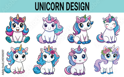 Collection of adorable cartoon unicorns with colorful manes and floral headbands