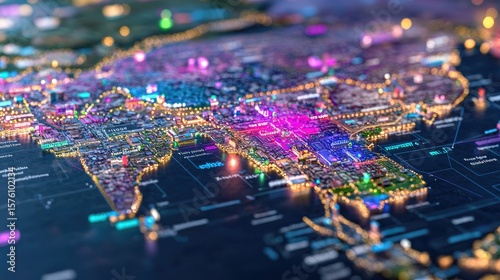 Vibrant Digital Map of Urban Area with Colorful Lights and Details