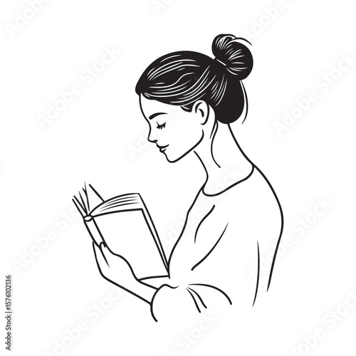 Woman Reading Book silhouette, Female Reading Book Vector illustration, A young woman reading a book, vector silhouette, Woman Reading Book Line Art