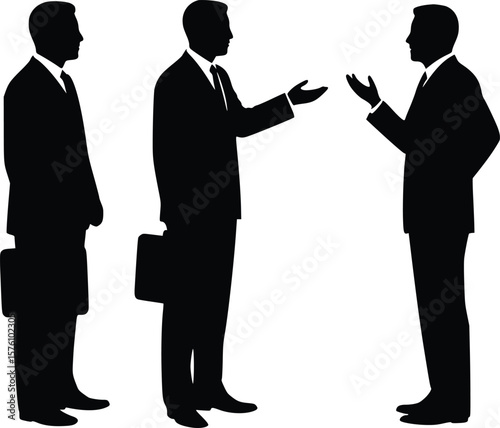 Silhouette of three business individuals engaged in conversation using expressive hand gestures