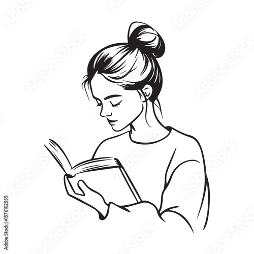Woman Reading Book silhouette, Female Reading Book Vector illustration, A young woman reading a book, vector silhouette, Woman Reading Book Line Art