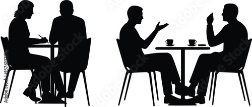 Silhouette of formal meeting with two people discussing ideas over coffee in business setting
