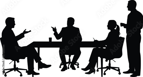 Silhouette of team members discussing and presenting with documents and gestures in formal business setting