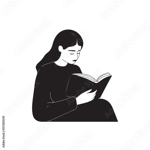 Woman Reading Book silhouette, Female Reading Book Vector illustration, A young woman reading a book, vector silhouette, Woman Reading Book Line Art