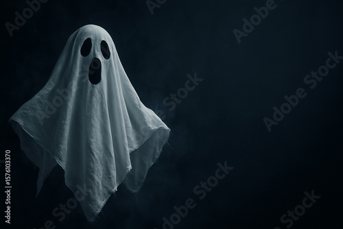 A traditional white sheet ghost floats ominously against a dark, misty background. The wide-open black eyes and mouth give it a startled expression, embodying the iconic Halloween ghost.