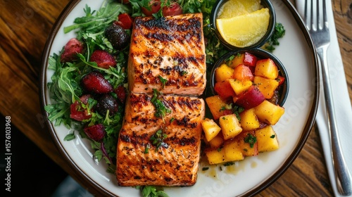 Grilled salmon with peach salsa and fresh salad on a plate.