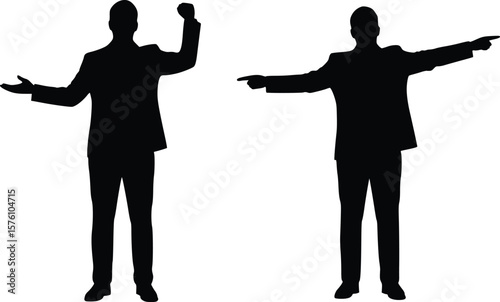 Silhouette of two mirrored figures in suits standing together, gesturing confidently with open arms