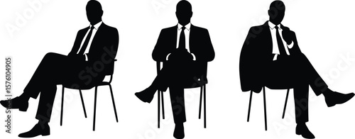 Silhouette of three people seated in chairs, each displaying unique posture in formal setting