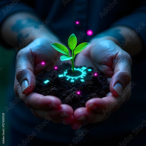 Hands nurturing digital eco seedling growth high resolution photo