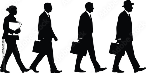 Silhouette of four business people walking in same direction with briefcases symbolizing teamwork and routine