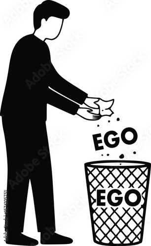 Silhouette of person discarding ego into trash can symbolizing humility and self-awareness

