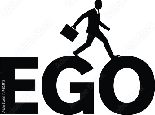 Silhouette of person with briefcase walking over the word ego, representing ambition and self-awareness


