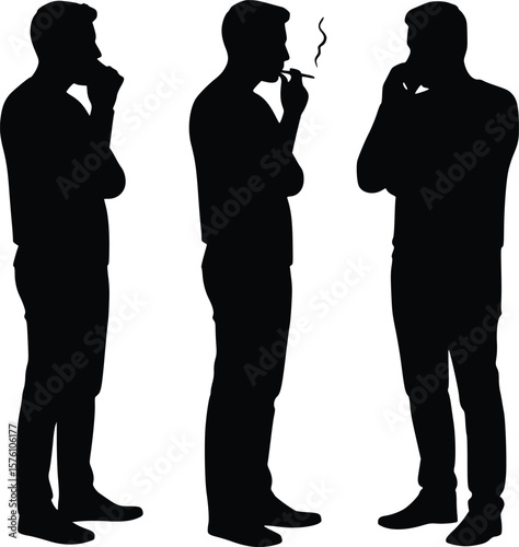 Silhouette of three people smoking in profile representing habit and contemplation