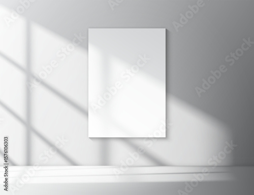 Realistic vector mockup of white vertical A4 poster with soft shadows of window inside empty minimalistic interior. Print or product presentation template