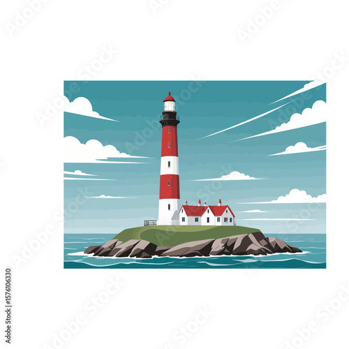 Illustrated lighthouse on rugged coastline under dramatic blue sky for nautical travel themes, safety symbolism, and scenic decor