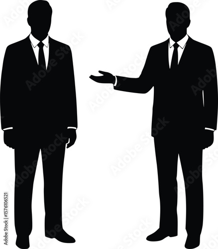 Silhouette of two business people in suits, with one gesturing and one standing attentively