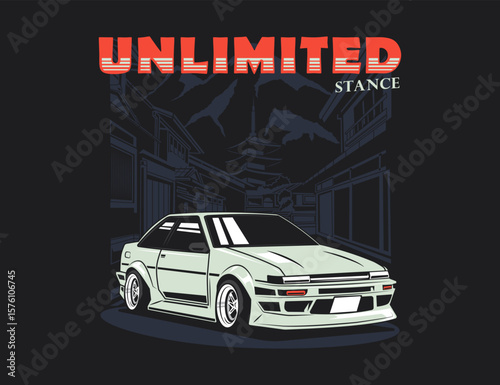 90s automotive image with Japanese urban background illustration vector graphic