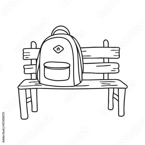 A backpack propped up against a wooden bench