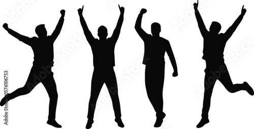 Silhouette of four people in joyful celebratory poses with raised arms