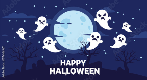 Happy halloween banner with ghosts, vector illustration