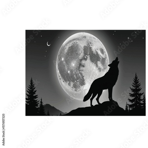 Stylized silhouette of  wolves howling at the moon on rocky base for wilderness, strength, and emotional design themes