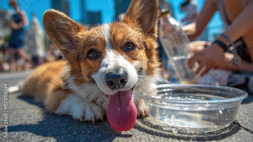 Corgi dog heatstroke on summer, while human provides relief with a portable drink in a park landscape.