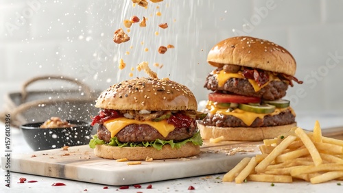 hamburger with french fries,hamburger, burger, food, cheese, cheeseburger, beef, meat, sandwich, bread, bun, isolated, lettuce, fast, 