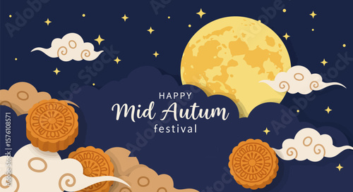 Banner happy mid autumn festival, flat design vector illustration
