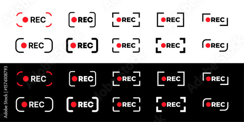 Recording icon set. Red sign camera video recording symbol, rec icon