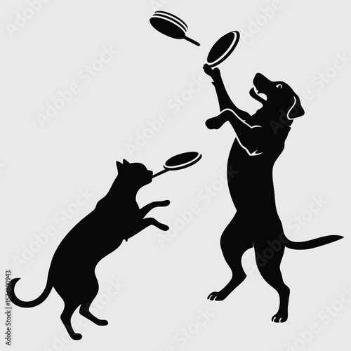 Cat and dog slapping each other with frying pans image silhouette design vector art and illustration