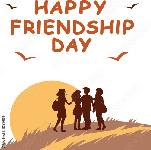 Happy Friendship Day Sunset Silhouette with Friends on Hilltop and Warm Golden Sky