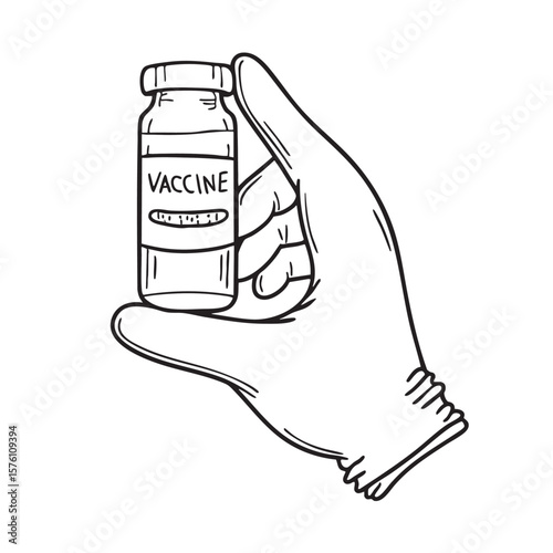 A hand wearing a glove holding a small vaccine bottle