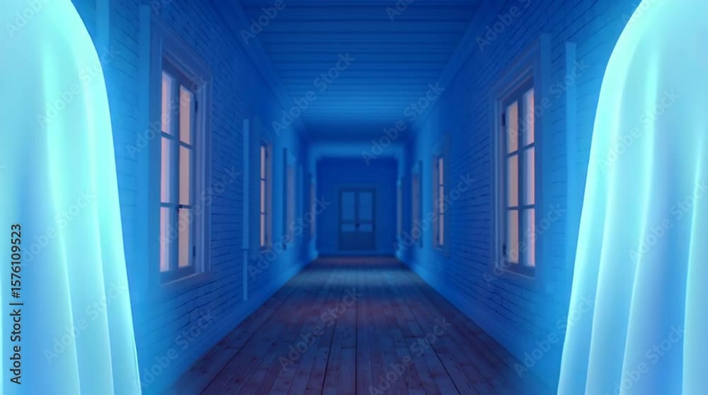 An empty blue hallway with open windows and soft curtains on both sides, giving a perspective look to the end of the hallway.