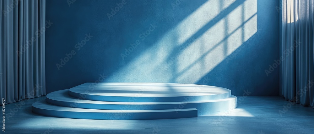 Obraz premium Empty, circular, light blue presentation podium in a setting.