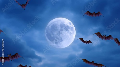 a scene of bats flying around the moon in the night sky, creating an eerie, spooky atmosphere
