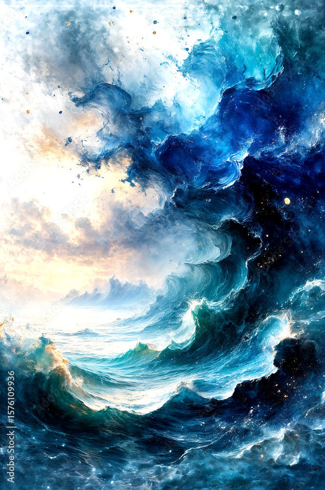 Naklejka premium Sunlit Celestial Ocean Waves in Abstract Light, Dreamlike Flow of a Cosmic Sea -Generative AI 