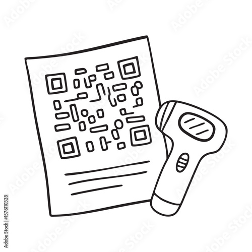 A printed QR code beside a scanning device
