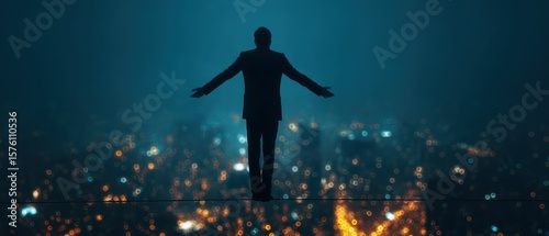 Wallpaper Mural A silhouette of a man in a suit stands with arms open on a rooftop, overlooking a city illuminated by night lights under a moody blue sky. Torontodigital.ca