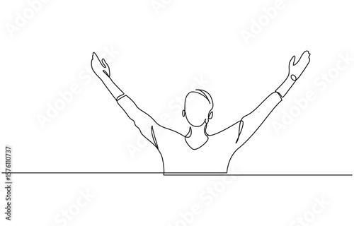 Continuous line art or One Line Drawing of a woman stretching arms is relaxing, and woman raising hands in an exercise of relax and breathing, one line continuous drawing.