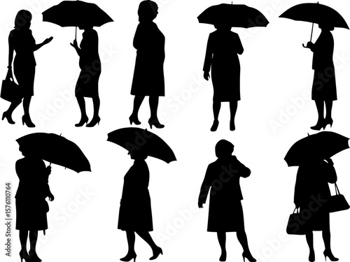 "An array of black silhouette figures of diverse middle-aged women in dresses, skirts, or pantsuits, each captured in motion or static poses — walking, waiting, adjusting heels, holding umbrellas. No 