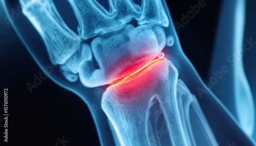 Medical imaging of a human wrist joint with highlighted affected area in a clinical environment